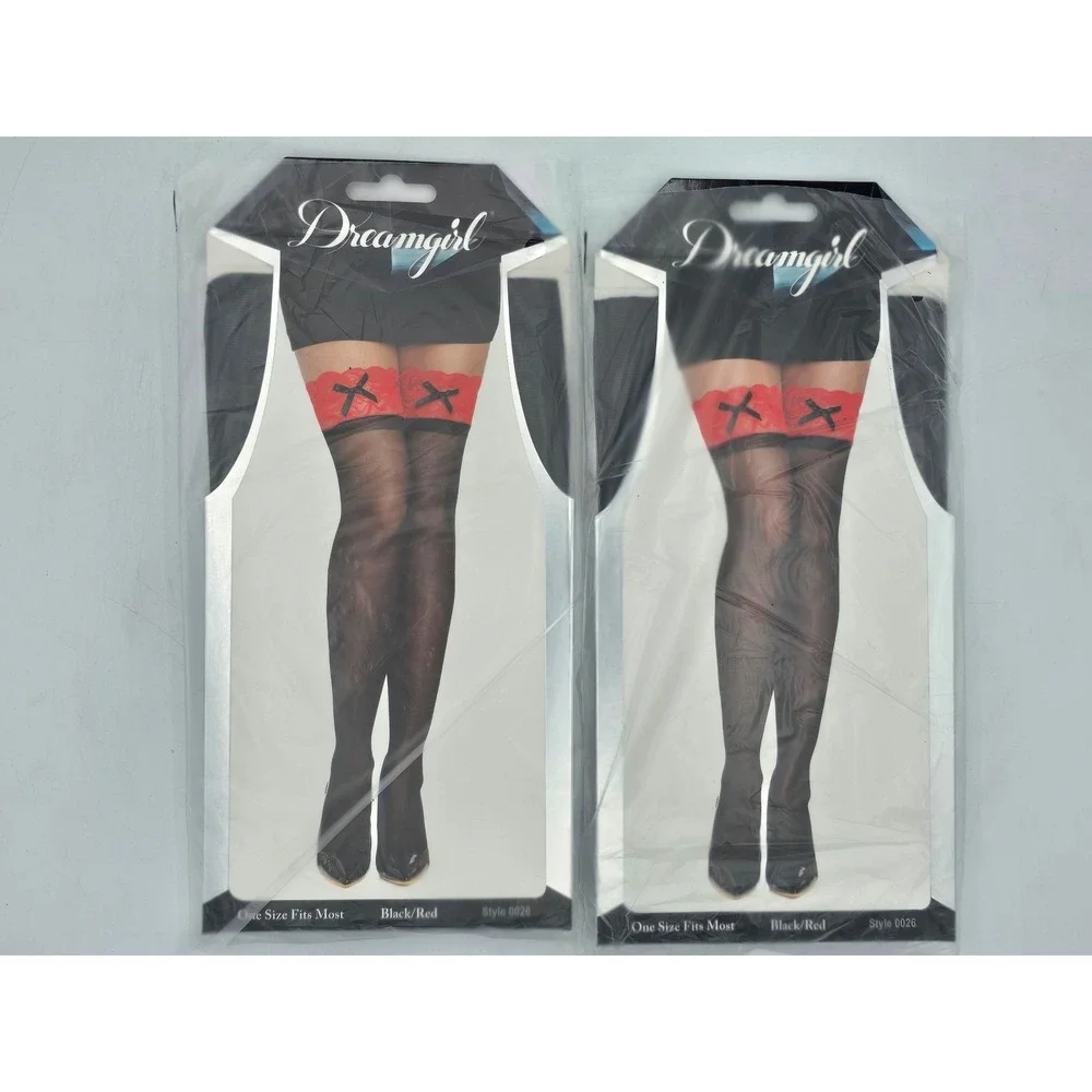 Dreamgirl Thigh High Stockings Womens OSFM Black Red Contrast Lace Bows -New